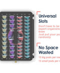 Top view of Crystal Tempered Glass Top Organizer Drawer Holder for Nespresso Vertuo Capsules with universal slots filled with pods.