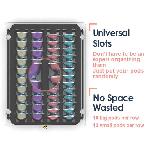 Top view of Crystal Tempered Glass Top Organizer Drawer Holder for Nespresso Vertuo Capsules with universal slots filled with pods.