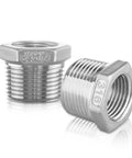 Rugged Stainless Steel Hex Bushing Reducer 3/4 To 1/2 NPT Pipe Fitting Adapter For Plumbing Hydraulic Air Oil And Gas Systems Corrosion Resistant Connector With Tight Seal, shown front and side view