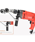 Portable Electric Metal Sheet Cutter Attachment Drill Powered For Fast Roofing Repairs And DIY Metalworking Projects Heavy Duty Performance Quick Cutting Tool close-up of red drill and attachment for quick metal cutting.