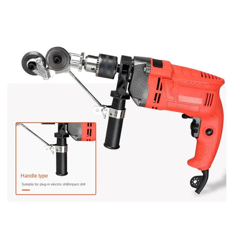 Portable Electric Metal Sheet Cutter Attachment Drill Powered For Fast Roofing Repairs And DIY Metalworking Projects Heavy Duty Performance Quick Cutting Tool close-up of red drill and attachment for quick metal cutting.