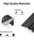 Diagram of 3 Pack Black Exterior Door Hinges 4 Inch With Five Eighth Inch Radius Removable Pin, matte black finish, and cast iron durability.