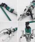Real Deal Three Jaw Hydraulic Gear Puller And Heavy Duty Bearing Extractor For Wheel Hubs Rotors Sprockets Axles 10 Ton Cylinder Service Kit with polished jaws and hydraulic pump.