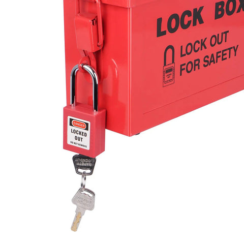 Portable Lockout Tagout Box For Group Lockout, 12 Padlocks Capacity, Heavy Duty 18 Gauge Steel Construction, Red Lockout Container For Industrial Worksites