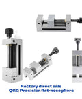 Heavy Duty Right Angle Vise With High Precision Flat Jaw Pliers For CNC Milling Machines And Grinders Built Damn Tough Industrial Steel Construction That Slams Tight And Holds Like A Boss Shop Ready Tool. Close-up view of heavy-duty clamp with steel body and threaded screw.