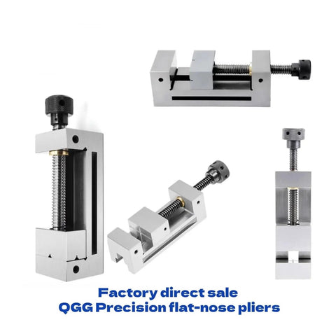 Heavy Duty Right Angle Vise With High Precision Flat Jaw Pliers For CNC Milling Machines And Grinders Built Damn Tough Industrial Steel Construction That Slams Tight And Holds Like A Boss Shop Ready Tool. Close-up view of heavy-duty clamp with steel body and threaded screw.