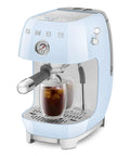 Totally Iconic Retro Espresso Maker With Cold Brew Feature, Packin 15 Bars Of Pressure, Smooth Operation Steam Wand, Exact Temp Control, Huge 47 Oz Tank In Chill Pastel Blue brewing iced coffee in glasses.