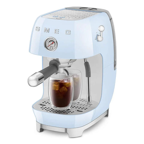 Totally Iconic Retro Espresso Maker With Cold Brew Feature, Packin 15 Bars Of Pressure, Smooth Operation Steam Wand, Exact Temp Control, Huge 47 Oz Tank In Chill Pastel Blue brewing iced coffee in glasses.