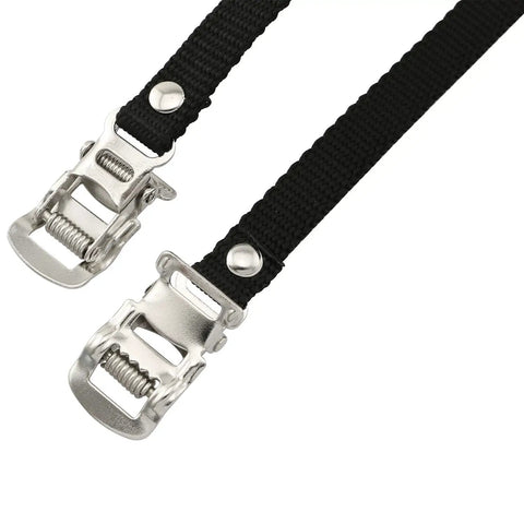 Close-up of black nylon straps with adjustable steel buckles from Bike Pedal Toe Straps 4 Pack Black Nylon Clips For Bicycle And Spin Class Pedals