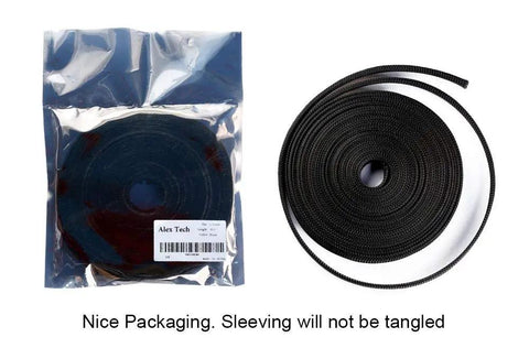 Expandable PET Braided Cable Sleeve 1/4 Inch And 1/2 Inch, 25 Ft Each, 50 Ft Total, black, packaged roll and expanded coil view