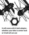 Close-up of Carbon Disc Wheel 50T 28 Tubeless 700C Road Bike Wheel hub with Shimano thru axle shown with 6-bolt adapter compatibility.