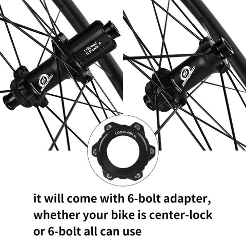 Close-up of Carbon Disc Wheel 50T 28 Tubeless 700C Road Bike Wheel hub with Shimano thru axle shown with 6-bolt adapter compatibility.