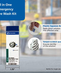 First Aid Only eye wash kit box with blue top, white body; includes eye wash, oval eye pads and tape