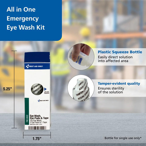 First Aid Only eye wash kit box with blue top, white body; includes eye wash, oval eye pads and tape
