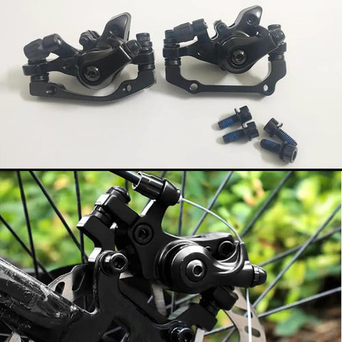Mechanical Disc Brake Kit with front and rear calipers, 160mm rotors for mountain, road, folding bikes, installation view.