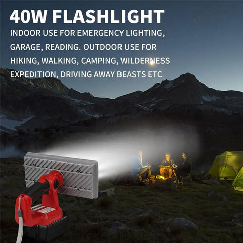 Cordless LED Work Light For Milwaukee M18 Battery 40W 4200LM With 3 Modes illuminating a campsite at night with tents in the background
