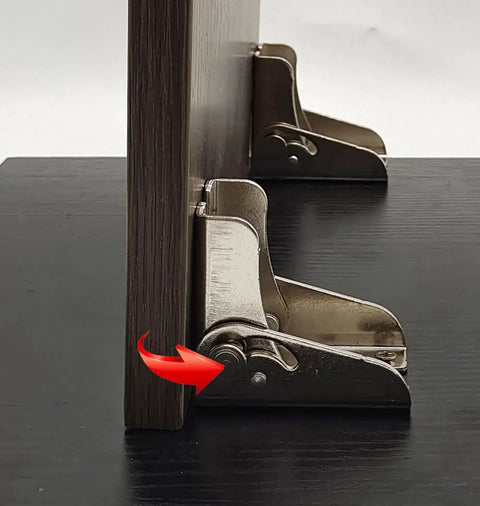 Big League Heavy Duty 90 Degree Folding Self Locking Furniture Hinge In Dark Bronze Galvanized Iron Support Bracket installed on a desk.