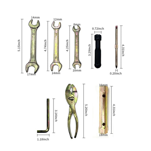 Compact Motorcycle Repair Tool Kit 8 Piece Portable Set with double-ended wrenches, pliers, screwdriver, storage case shown