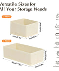 Fabric Drawer Organizers For Clothes, Dresser Bins With Adjustable Divider Panels, Closet Storage Cubes For Baby Knickknacks And Underwear, Beige Four Pack with two sizes shown.