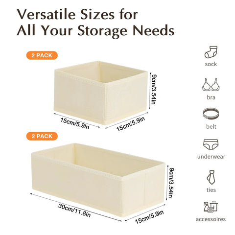 Fabric Drawer Organizers For Clothes, Dresser Bins With Adjustable Divider Panels, Closet Storage Cubes For Baby Knickknacks And Underwear, Beige Four Pack with two sizes shown.