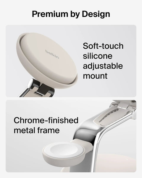 Close-up of MagSafe 3 In 1 Charging Station With Qi2.2 25W Fast Wireless Charger soft-touch silicone mount and chrome-finished frame.