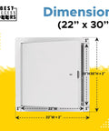 Heavy Duty Fire Rated Access Door Panel 22 By 30 Inch Steel Frame With Flange Two Inch Mineral Wool Insulation For Walls Or Ceilings Clean White Finish, dimensions displayed.