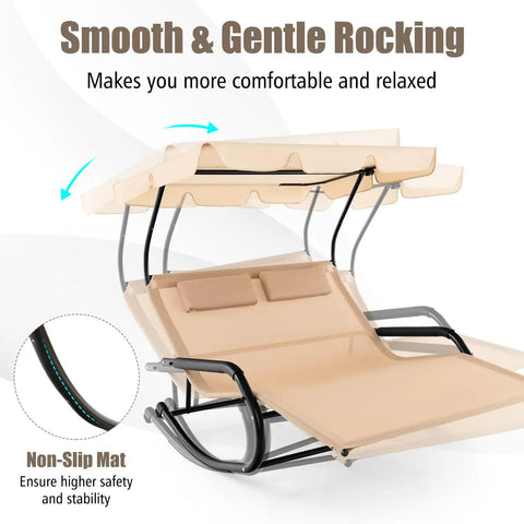 Two Person Outdoor Lounge Chair With Adjustable Canopy, Wheels, Detachable Pillows, Extra Large Double Patio Hammock Bed