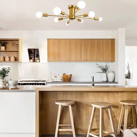 Sputnik Eight Light Gold Finish Semi Flush Mount Ceiling Light Fixture Brushed Metal Modern Chandelier in kitchen