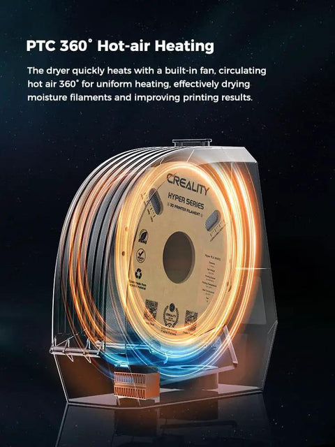 Space Pi Filament Dryer For 3D Printers showing PTC 360 Degree heating with spool holder in use for filament drying.