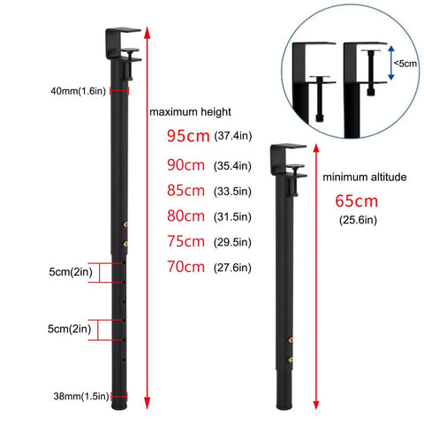 Slick Clamp On Adjustable Table Legs, 37 Inch black iron feet with size markings for height adjustments, DIY setup.