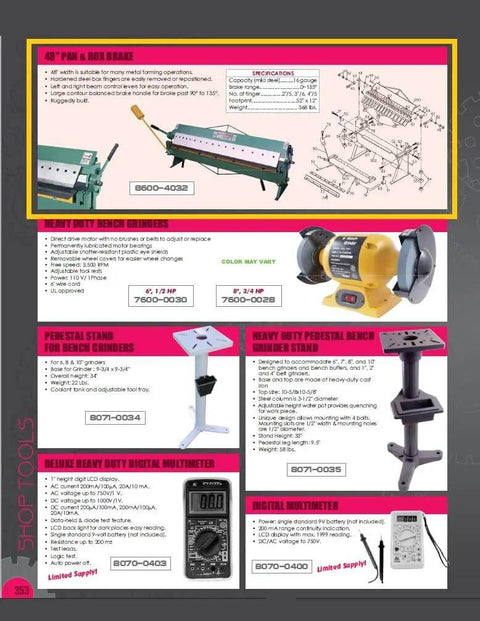 Catalog page showing Beefy 48 Inch Sheet Metal Pan And Box Brake For 16 Gauge Steel And 11 Gauge Aluminum with machine illustrations