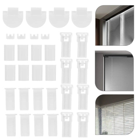 32 Piece Pleated Blind Repair Kit With Easy To Install Parts For Quick Fixes And Replacement Accessories Compatible With Most Pleated Window Blinds Tough Tools For Home Improvement And DIY Projects, showing components and installed examples