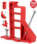 Premium Cable Staples Set 100 Count Insulated Nails for NM wire, coax, and cat 5 lines shown with red plastic holder and nails.