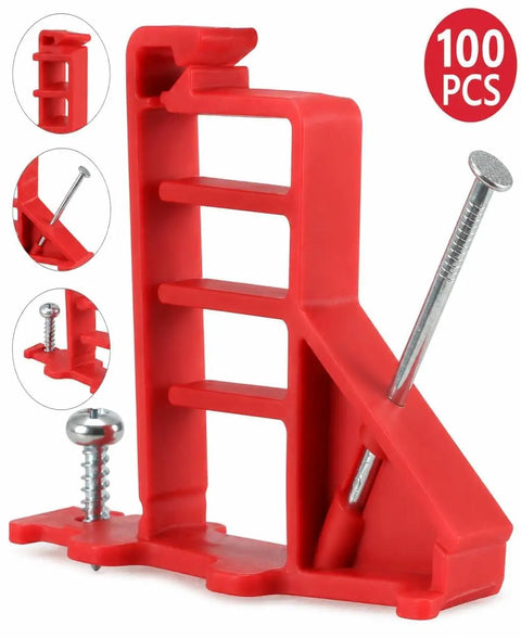 Premium Cable Staples Set 100 Count Insulated Nails for NM wire, coax, and cat 5 lines shown with red plastic holder and nails.