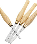 Pro Grade 4Pc Wood Bead Turning Tool Set Featuring Sharp High Speed Steel Lathe Chisels with Wooden Handles for shaping.