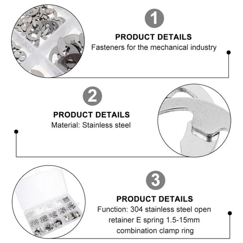 Premium Stainless Steel External Retaining Rings Assortment Snap Ring Kit 400pcs Circlip Set showing fasteners in a storage case.