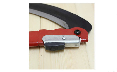 Close-up of foldable steel hand sickle blade and handle, part of Foldable Steel Hand Sickle For Weeding And Garden Cleanup Pro Grade Weed Remover Scythe Blade Cutter Easy Grip 42x23 Cm Tool For Raised Beds Sharp Durable Garden Sickle To Slash Through Weeds.
