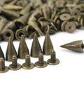 Sick 100 Sets Bronze Bullet Cone Spike Screwback Studs With Half Inch Zinc Alloy Hardware For Dope DIY Leather Crafting And Fresh Bags Jackets Belts Projects, showing various cone spikes and screwback studs.