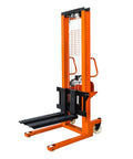 Heavy Duty Electric Pallet Stacker With Adjustable Forks, showcasing steel design with a 6.6-foot lift and black forks.