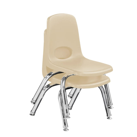 Durable Ten Inch School Stack Chairs Set Of Two For Kids With Chrome Steel Legs And Self Leveling Swivel Glides Great For Preschool Classrooms Or Homeschool Sand Finish, shown stacked