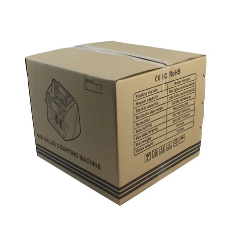 Heavy Duty Multi Currency Bill Counter Machine With Smart Fake Money Detector No Cap Precision For Smooth Cash Counting and Automatic Error Flagging Setup in packaging box.