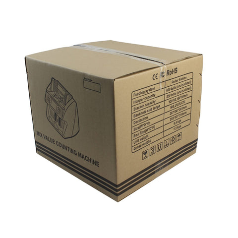 Heavy Duty Electronic Money Counter For Multi Currency With Straight Up Anti Counterfeit Detection and Automatic Serial Number Tracking Plus Badass Bill Verifier For Shop Owners And Accountants in cardboard packaging with product specifications.