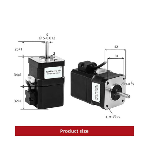 Front and side views of a 12V 42HS34-YC-PD four-lead brake stepper motor (NEMA17) with shaft.