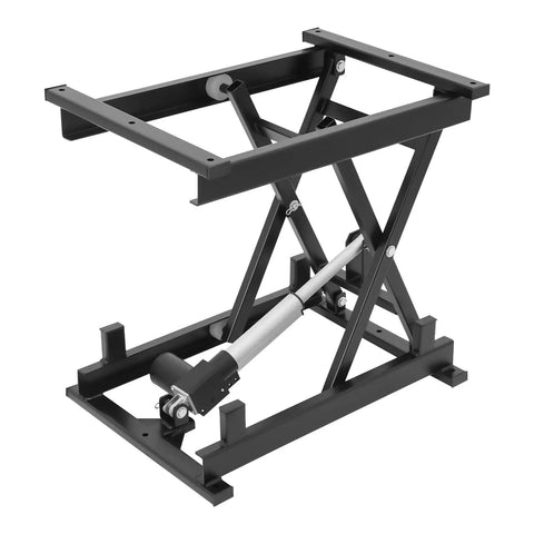 Rugged Electric Scissor Lift Table With 250 Lbs Capacity And Heavy Duty Hydraulic Pump Built Tough anti pinch safety platform, showing the frame and hydraulic pump.