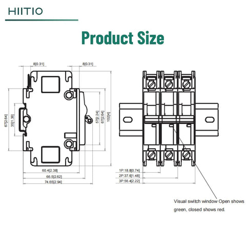 Technical drawing of 15 Amp 120V And 240V Two Pole DIN Rail Miniature Circuit Breaker UL 489 Listed 35mm Mount HCB1U-60 MCB