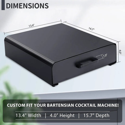 Under Counter Pod Holder For 40 Cocktail Capsules, Slim Drawer Organizer with dimensions indicated, black steel construction.