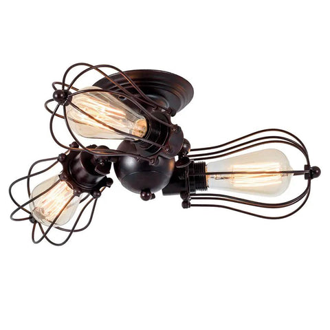 Vintage Industrial Ceiling Light With Metal Wire Cage Shade, 3 light chandelier in rust color, semi flush mount rustic lamp fixture