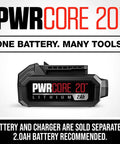 PWRCORE 20 lithium 2.0Ah battery showcasing its compatibility for multiple tools and applications.
