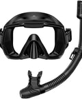 180 Degree Panoramic Swim Mask With Anti Fog Tempered Glass Lens And Dry Top Snorkel Kit in black, adult size.