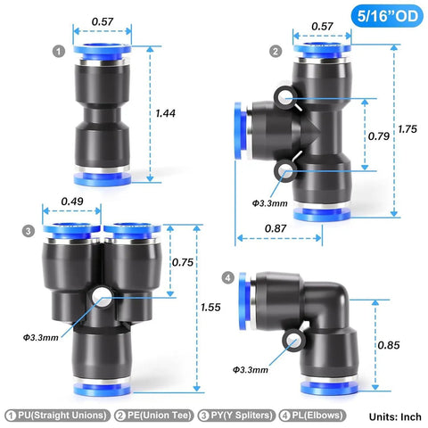 Solid 40 Pack Of Push To Connect Air Fittings Kit With Quick Release Couplers For Pneumatic Hoses Including Straight Unions, Elbows, Tees, And Y Splitters Perfect For 5/16 Inch OD Piping Tubing Systems. 5/16 inch OD pneumatic fittings in straight, tee, Y, and elbow styles